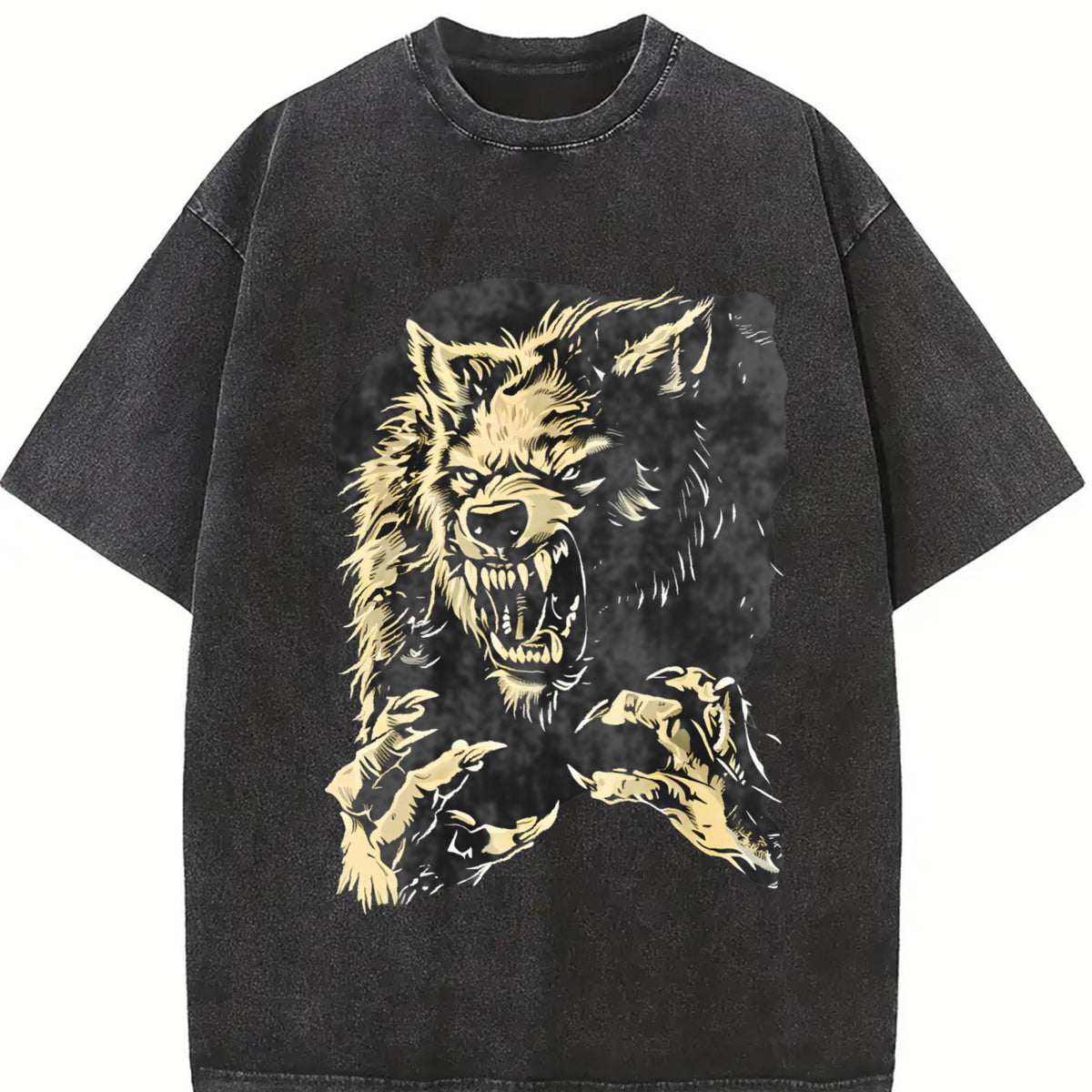 230gsm Werewolf Howling at the Moon Vintage Washed T-Shirt in Black
