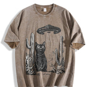 Retro UFO Desert Cat 90s Vintage Washed T-Shirt in Brown