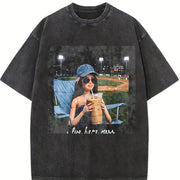 Baseball Glam Doll I Live Here Now Vintage Washed T-Shirt in Black