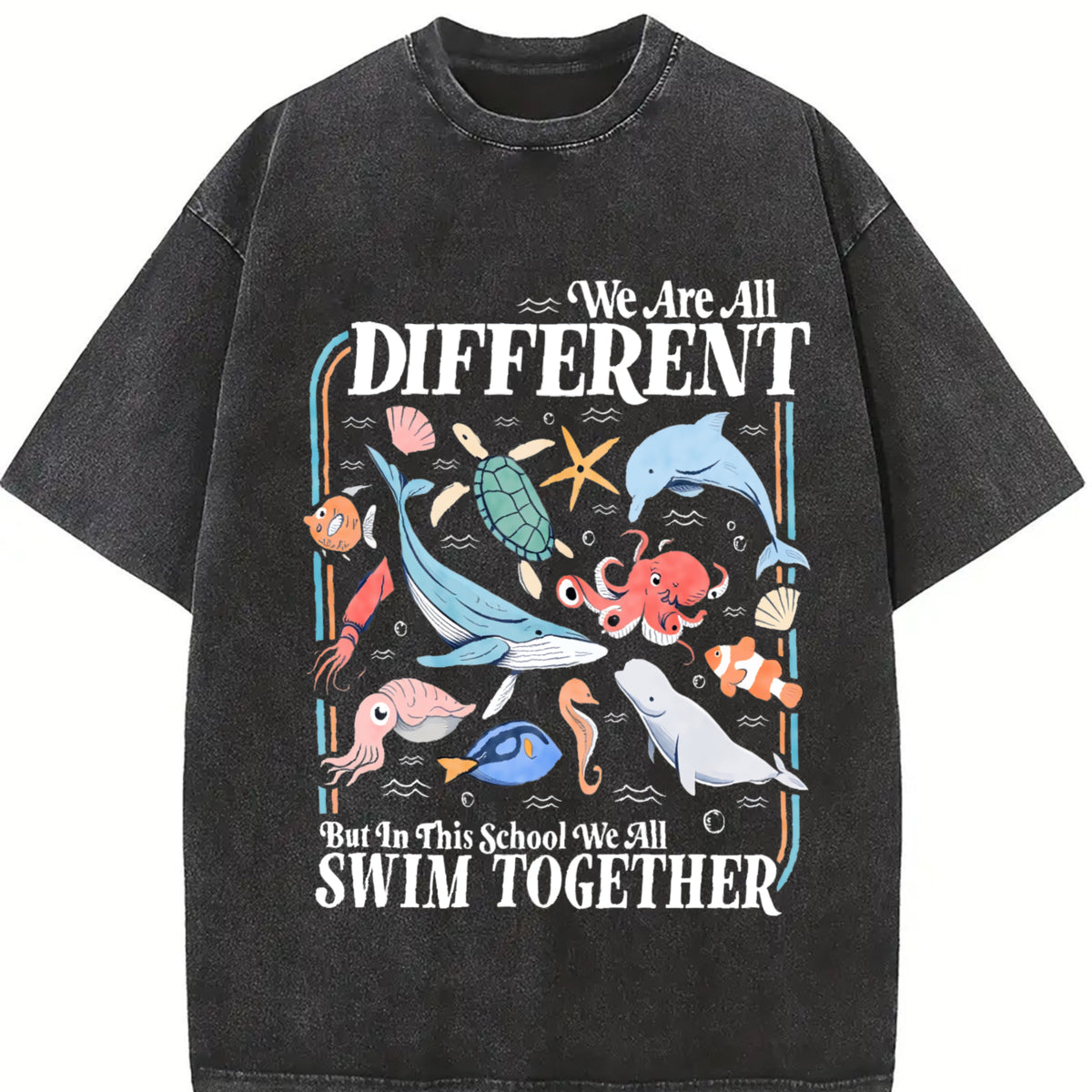 We Are All Different Swim Together Inclusive Ocean Animals vintage washed oversized T-shirt in Black