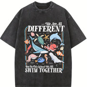 We Are All Different Swim Together Inclusive Ocean Animals vintage washed oversized T-shirt in Black