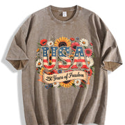 4th of July Patriotic: USA 250th Anniversary Flag Vintage Washed T-Shirt in Brown