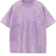 90s Wild Flowers Retro Botanical Nature Vintage Washed T-Shirt in Purple