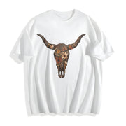 Brushstroke Floral Western Cow Skull Cowboy Graphics Cotton T-Shirt in White