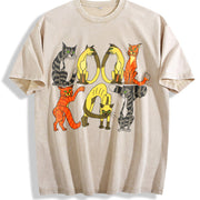 Retro 90s Cartoon Cats Cat Lover Vintage Washed T-Shirt in Beige