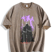 Medieval Knight Dark Fantasy Lightning Warrior Gothic Vintage Washed T-Shirt in Brown