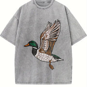 Embroidered Duck Animal Lover Vintage Washed T-Shirt in Gray