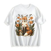 Autumn Fox and Falling Leaves Cotton T-Shirt in White