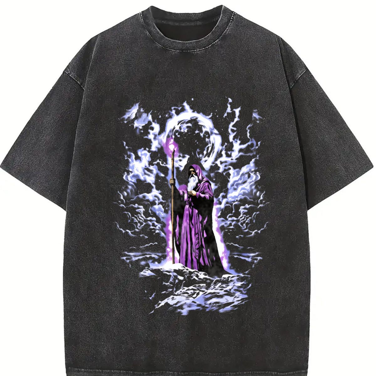 Retro Wizard Dark Fantasy Vintage Washed T-Shirt in Black
