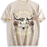 Western Cowboy - Black with Bull Skull & Floral vintage washed oversized T-shirt in Beige