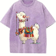 Animal Cartoon 1pc Vintage Washed T-Shirt in Purple