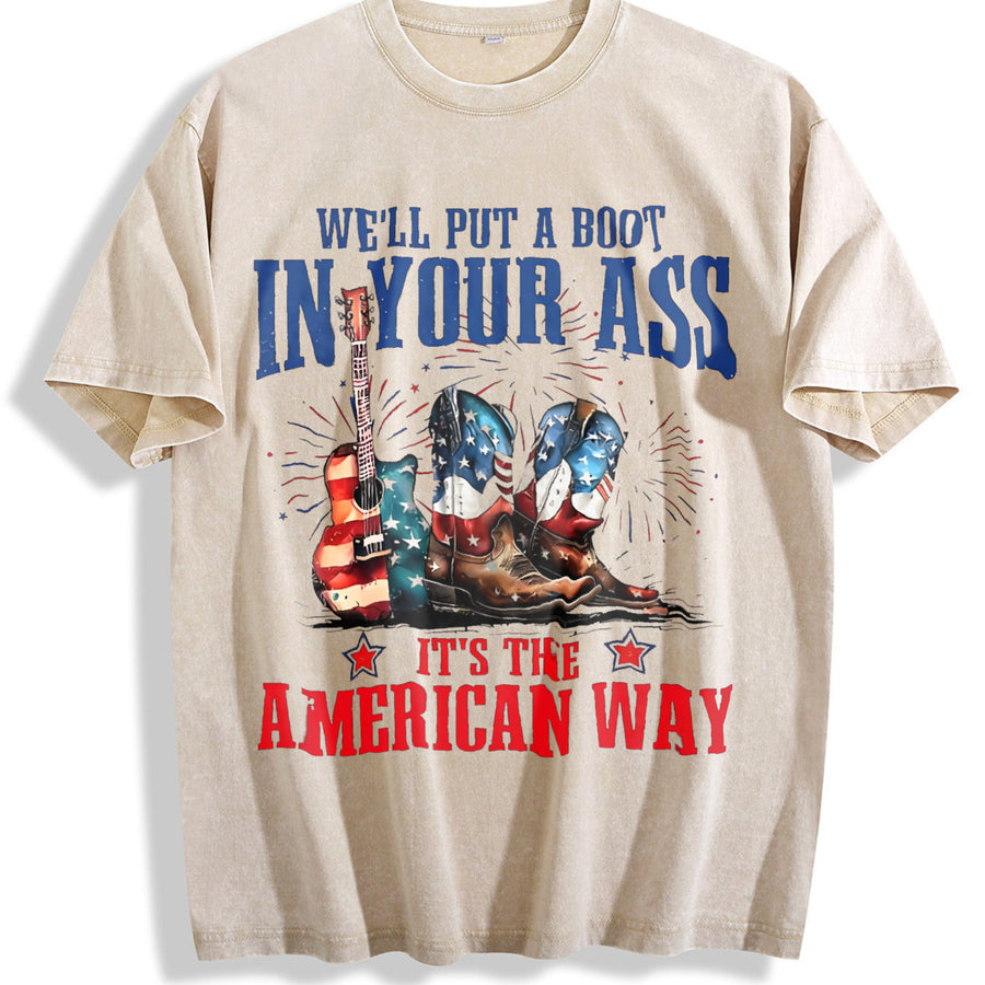 It's the American Way Cowboy Boot Guitar Vintage Washed T-Shirt in Beige