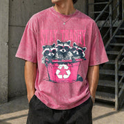 Stay Trashy Black with Pink Raccoon & Bin Vintage Washed T-Shirt in Red