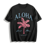 ALOHA Tropical Palm Tree Cotton T-Shirt in Black