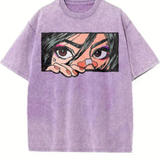 Anime Girl Peeking Eyes Sleeveless Vest Y2K Sleeveless Vintage Washed T-Shirt in Purple
