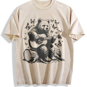 Bear Playing Guitar Retro Vintage Washed T-Shirt in Beige