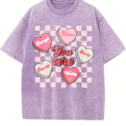 Valentine's Day Loose- Basic Stylish Vintage Washed T-Shirt in Purple