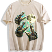 Crocodile Howling to Moon 90s Vintage Washed T-Shirt in Beige