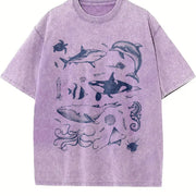 Sea Creatures 90s Tattoo Sea Animal Vintage Washed T-Shirt in Purple