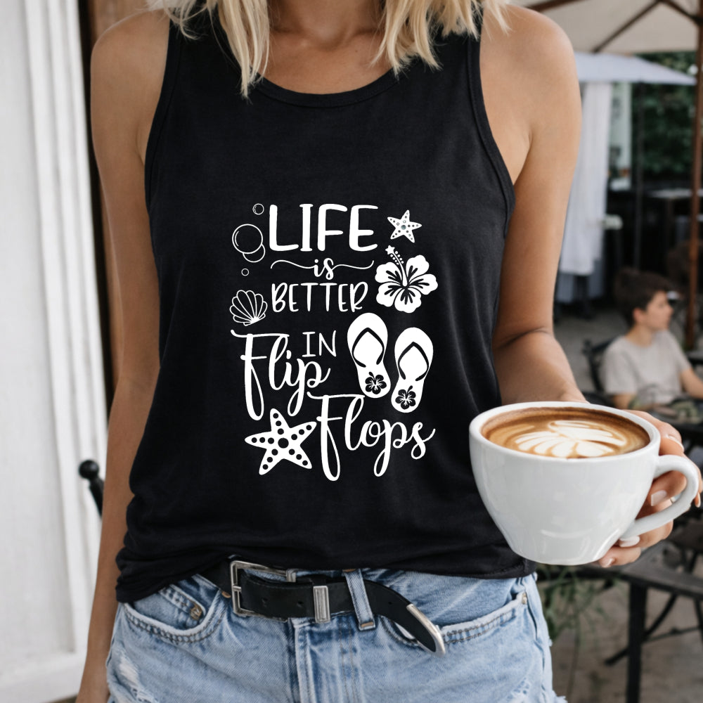 Life Is Better in Flip Flops Shell Starfish Tank Women's Color Cotton Tank Top in Black