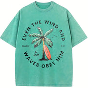 Christian Bible Verse Beachy Backprint vintage washed oversized T-shirt in Blue