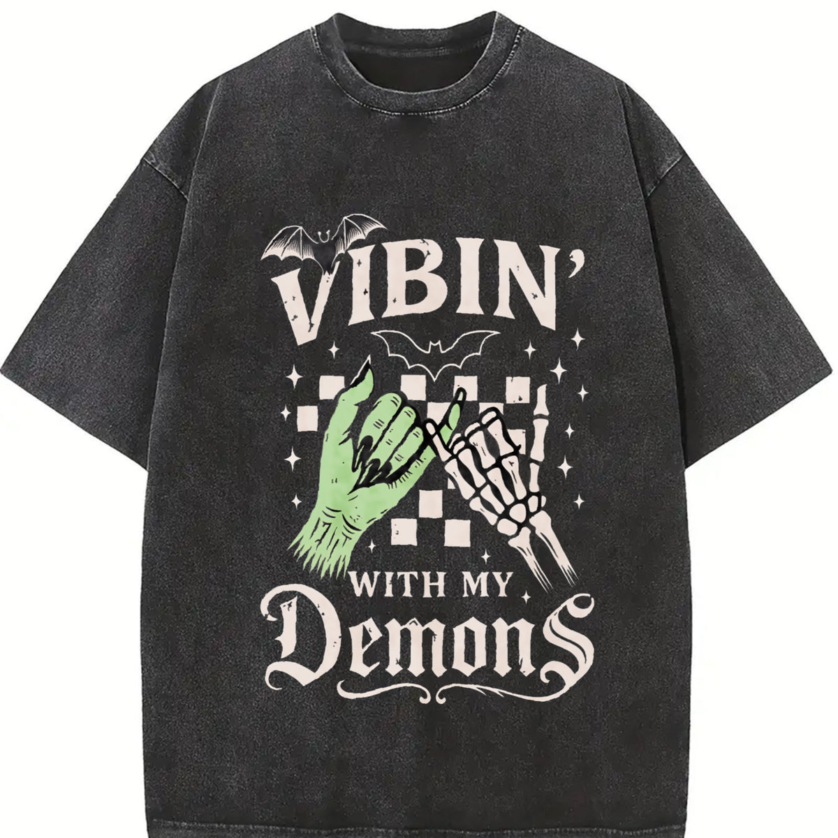 Halloween Vibin with My Demons Vintage Washed T-Shirt in Black