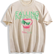 Retro Falling in Reverse Lips band Rock Band Heavy vintage washed oversized T-shirt in Beige