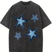 XINGX Star Blue Denim Ideal for All Seasons vintage washed oversized T-shirt in Black