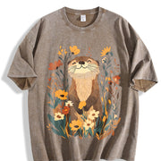 Botanical Otter & Plants Vintage Washed T-Shirt in Brown
