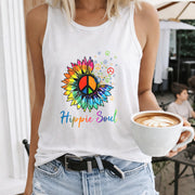 Colorful Sunflower Peace Signs Hippie Soul Text Crew-neck Women's Color Cotton Tank Top in White