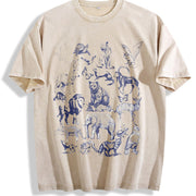 Wild Animals Retro Animal Drawing Vintage Washed T-Shirt in Beige