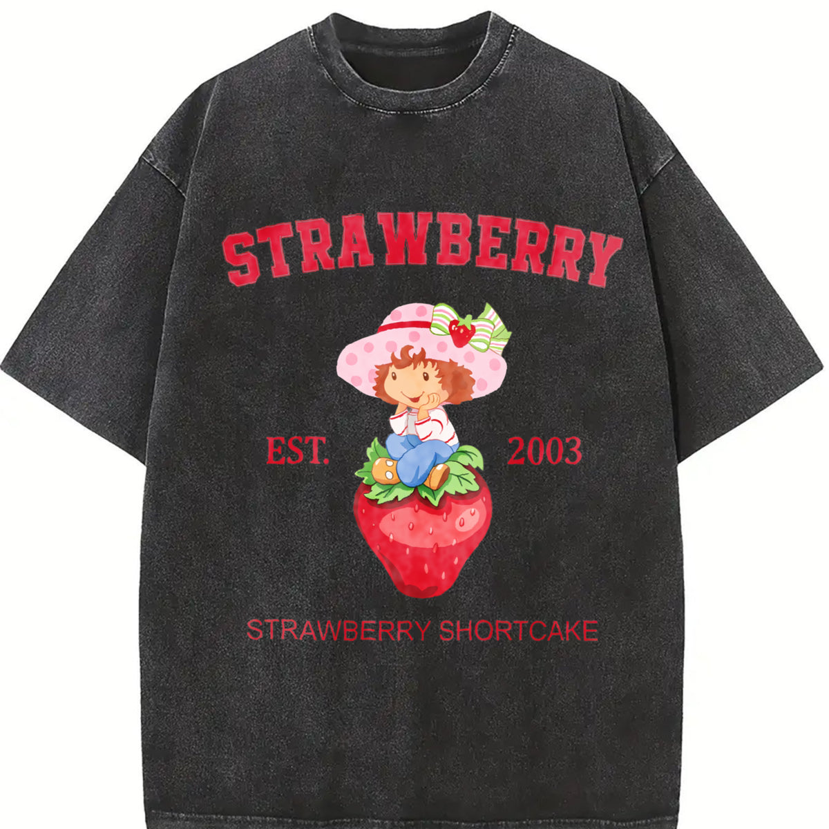 Adult Strawberry Shortcake Red Berry Dessert for HerHim vintage washed oversized T-shirt in Black