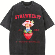 Adult Strawberry Shortcake Red Berry Dessert for HerHim vintage washed oversized T-shirt in Black
