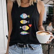 Colorful Fish Women's Color Cotton Tank Top in Black