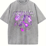 Feminism Dragon Retro Vintage Washed T-Shirt in Gray