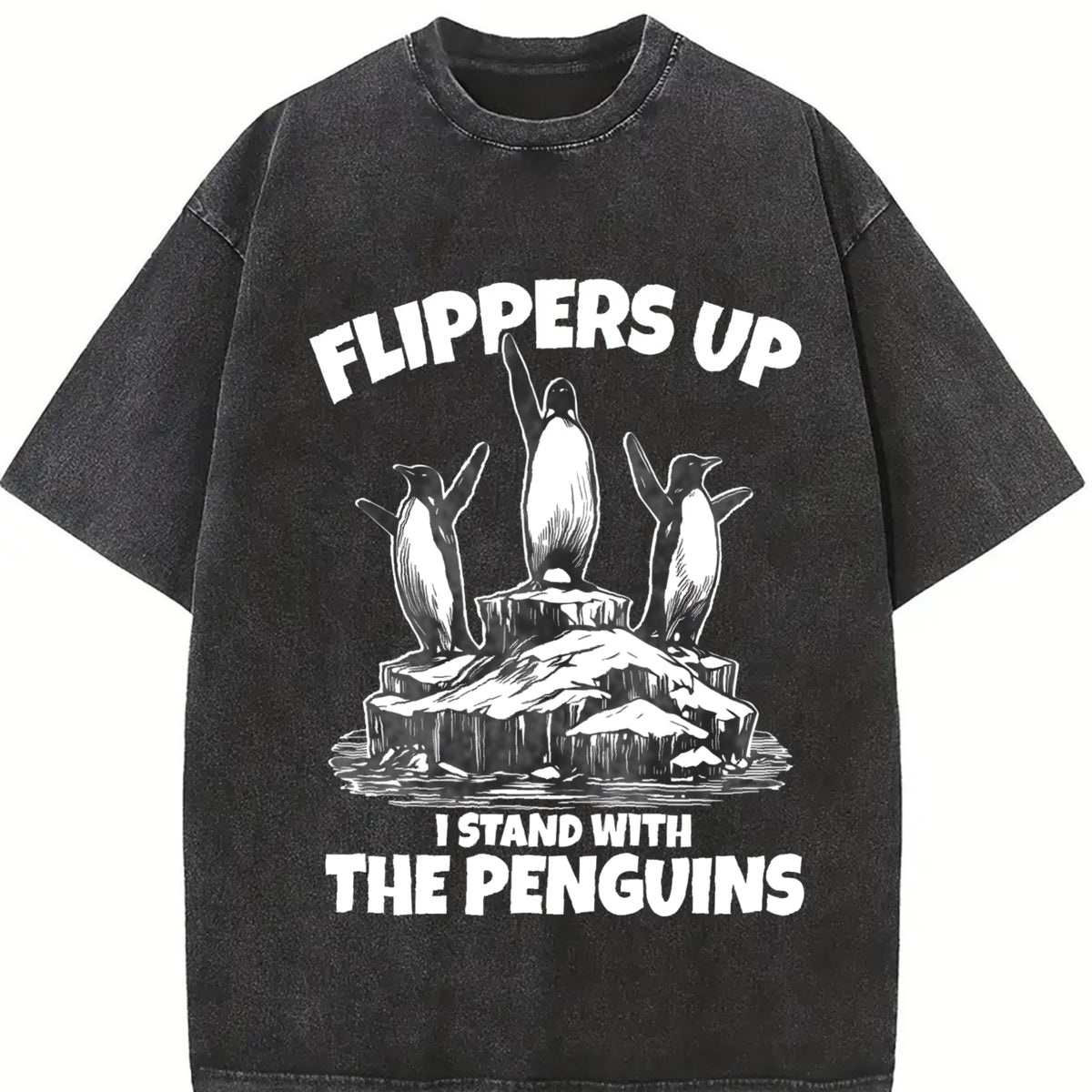 Flippers Up I Stand with the Penguins Vintage Washed T-Shirt in Black