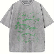 Retro Fish Tattoo 90s Fisherman Vintage Washed T-Shirt in Gray
