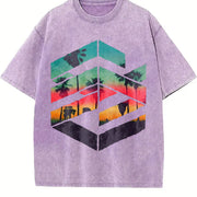Tropical Sunset Palm Tree Sleeveless Tank Vintage Washed T-Shirt in Purple