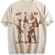 Retro Bigfoot and Alien with Electric Guitar Vintage Washed T-Shirt in Beige