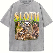 Sloth Retro Animal Lover Vintage Washed T-Shirt in Gray
