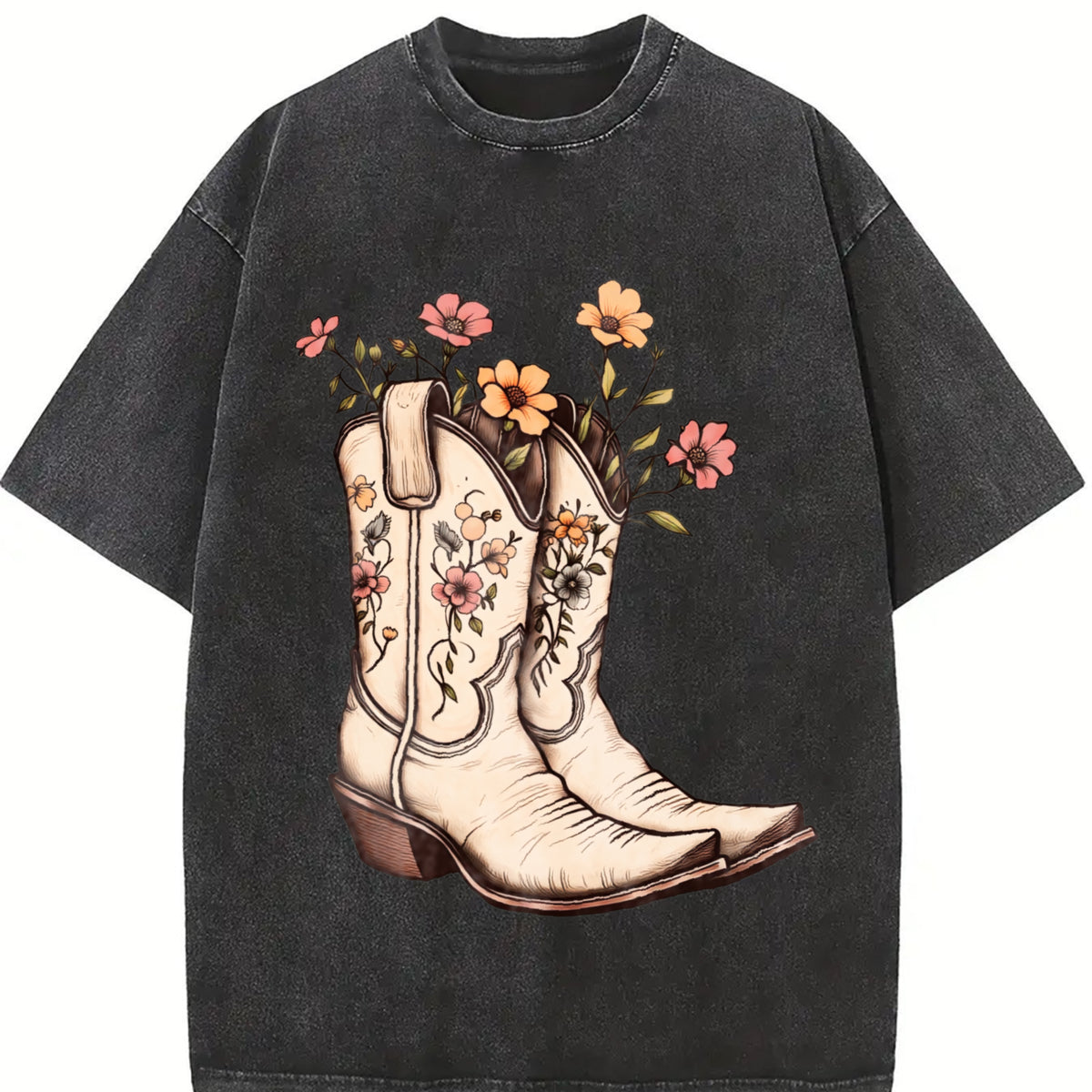 Western Cowgirl Boots Vintage Washed T-Shirt in Black