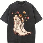 Western Cowgirl Boots Vintage Washed T-Shirt in Black
