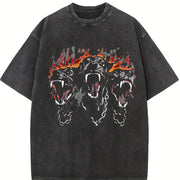 & Water- with Roaring Tiger Trio Tiger (Front/Back) Vintage Washed T-Shirt in Black