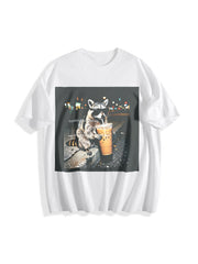 Raccoon Drinking Iced Coffee Cotton T-Shirt in White