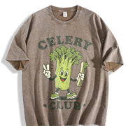 Celery Club Veggie Lover Retro Cartoon Vintage Washed T-Shirt in Brown