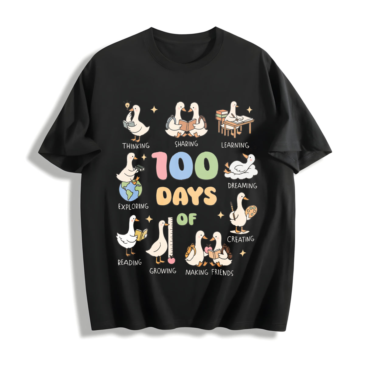 100 Days of School Goose Teacher Cotton T-Shirt in Black