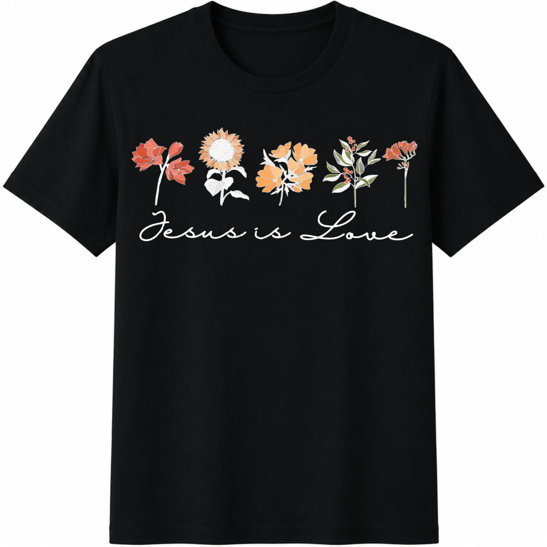 Jesus Is Love Floral Christian Cotton T-Shirt in Black