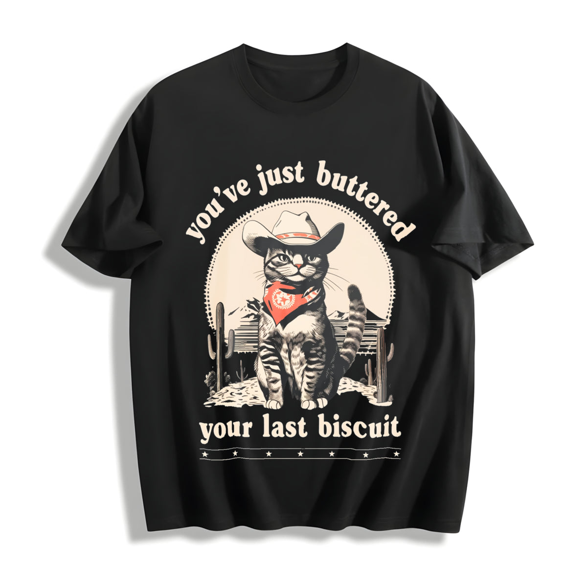 Cowboy Cat Retro Western Cat Cotton T-Shirt in Black