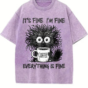 Animal Letter Furry Cat Coffee Vintage Washed T-Shirt in Purple