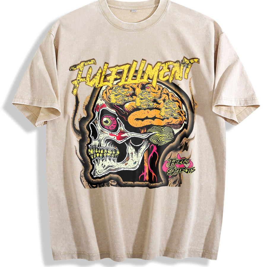 Skull Brain Tank Punk Rock Sleeveless Muscle Vintage Washed T-Shirt in Beige